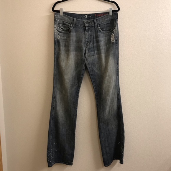 Men’s 7 For All Man Kind Distressed / Bleach Splatter Boot Cut Jeans In Size 32